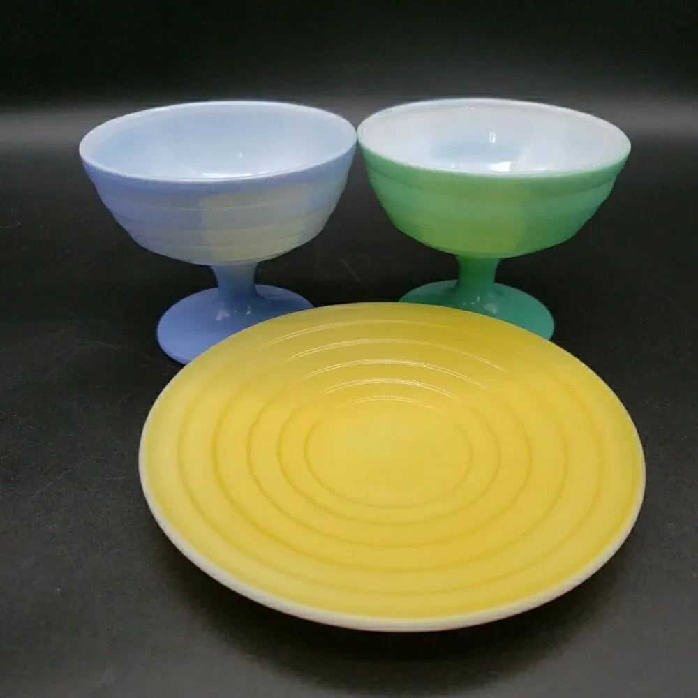 Vtg Hazel Atlas Moderntone Platonite 4pc Pastel Mixed Set Blue Green Yellow Pink